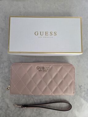 GUESS Quilted Zip-Around Wristlet Wallet in Light Pink